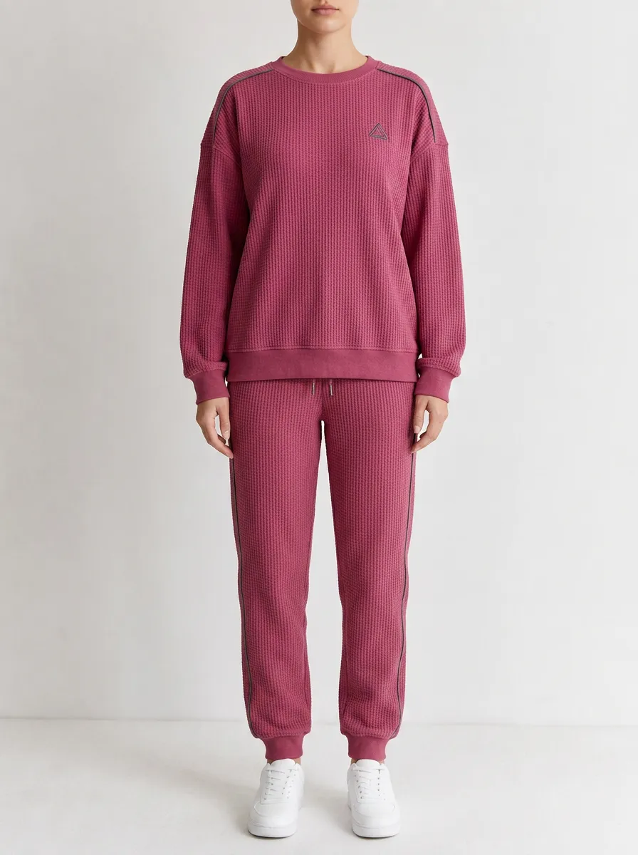 Women's Maroon Waffle Knit Textured Crewneck Pullover