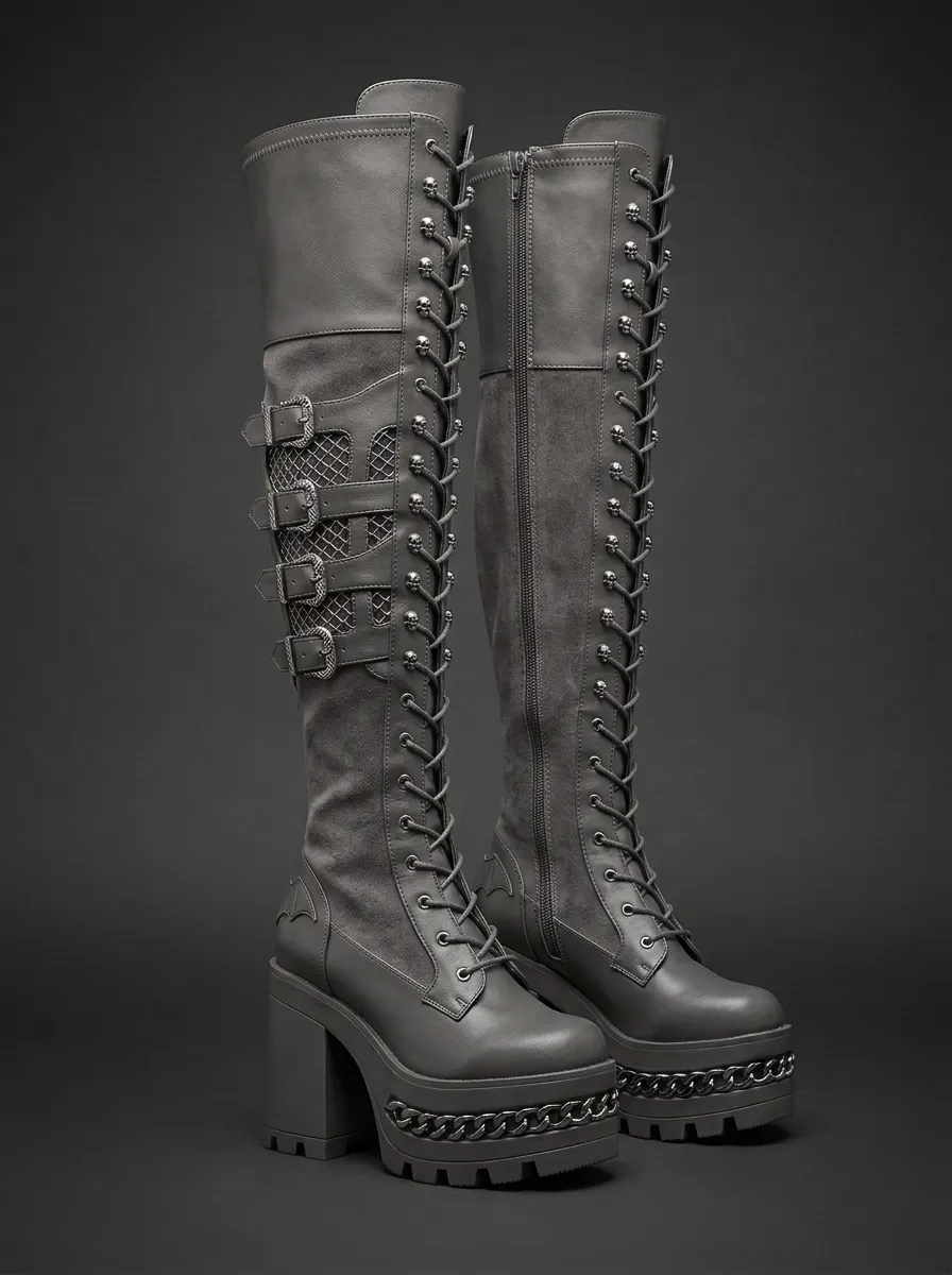 Dark Skull Chain Lace-Up Punk Look Women's Gothic Platform Knee High Boots