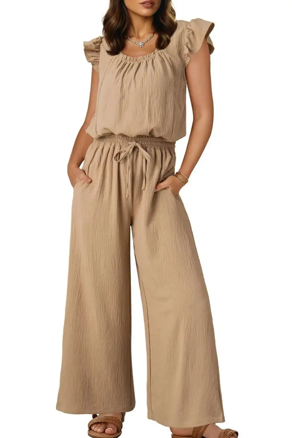 Ruffled Cap Sleeve Wide Leg Jumpsuit Accessory