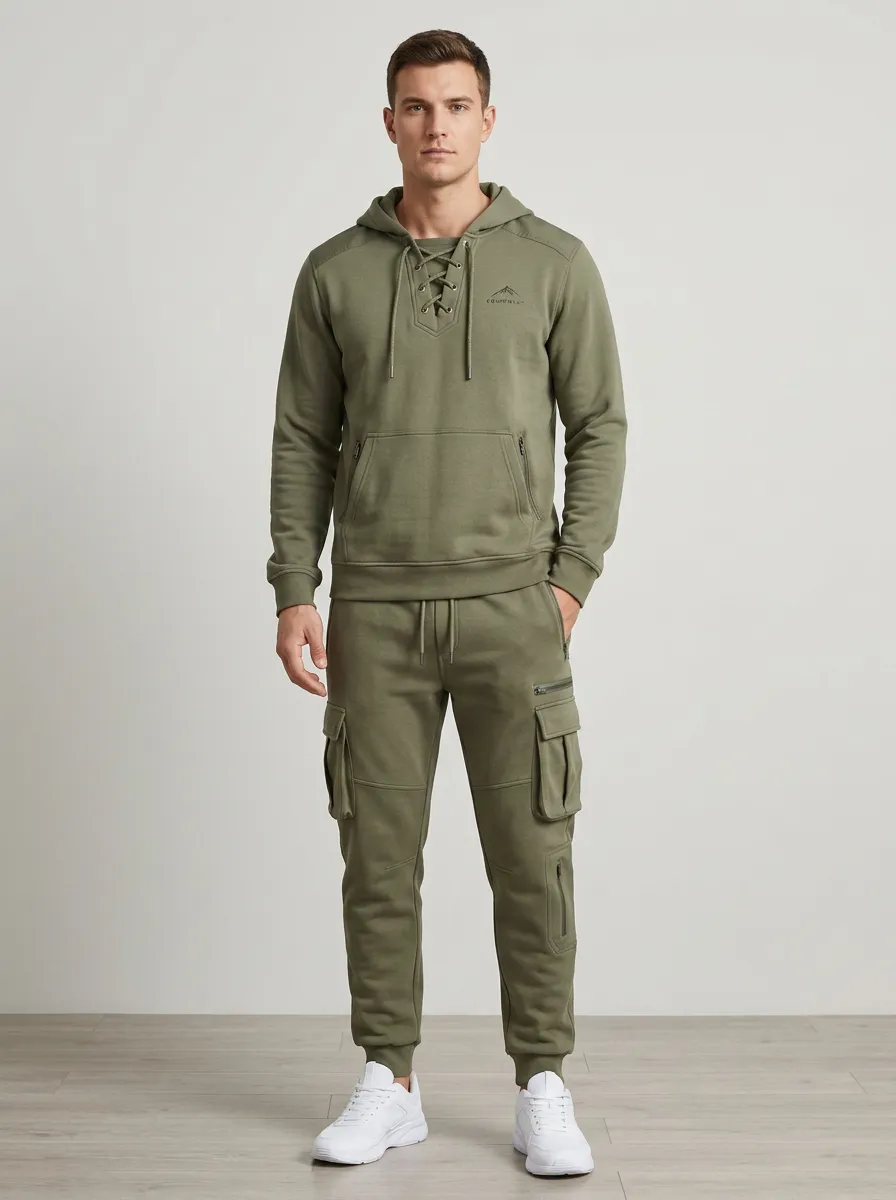 Trail-Inspired Lace-Up Multi Pocket Outdoor Look Men's Lace Up Hoodie And Cargo Jogger Set