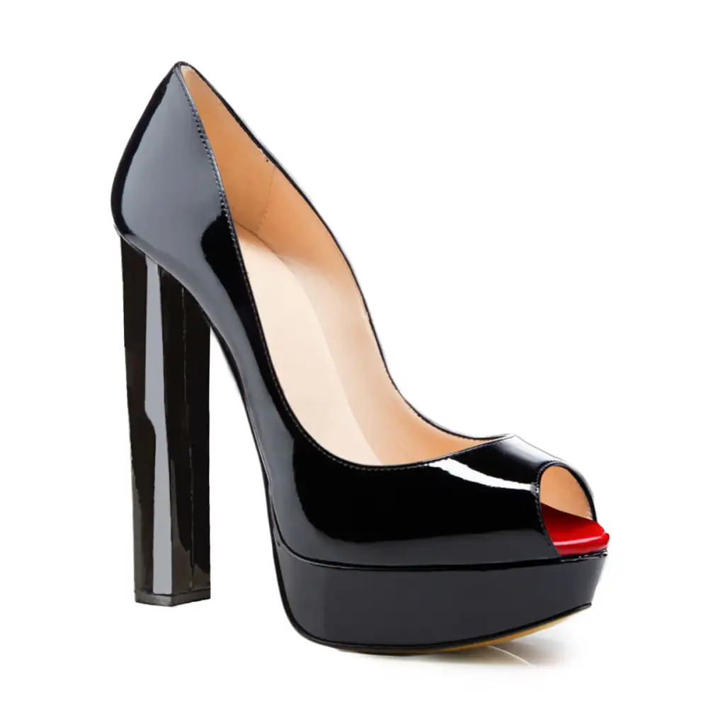 Patent Finish Peep Toe Platform Chunky Heel Pumps