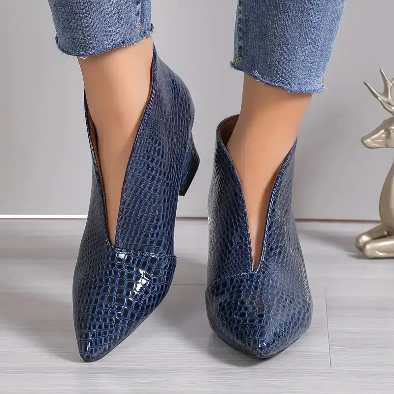 Textured Ankle Boots Curved Cut Mid Block Heel