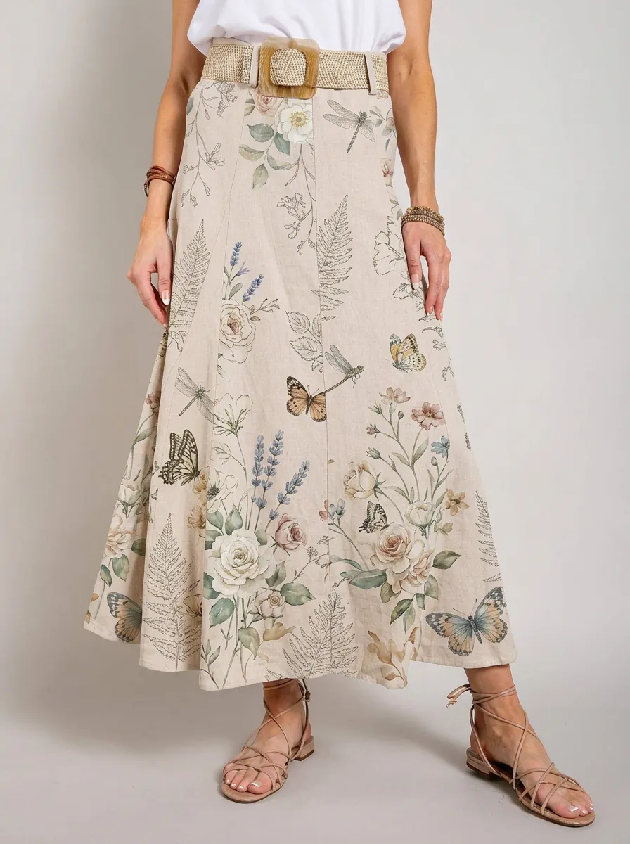 Women's Woven-Belt Botanical Butterfly Floral Printed Midi Skirt