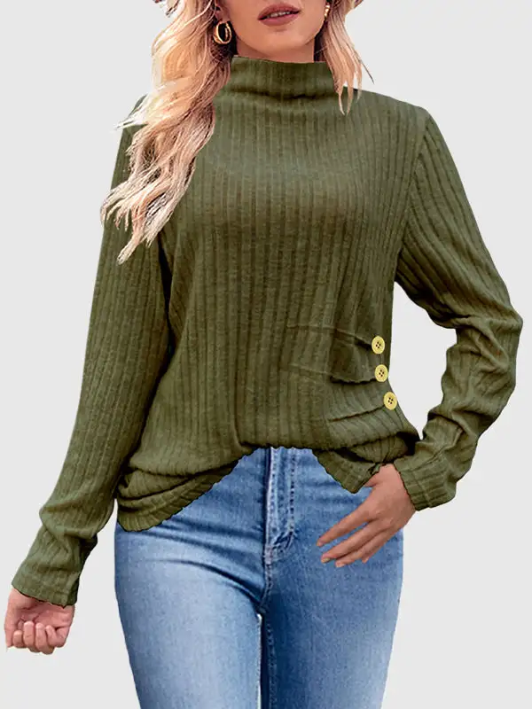 Long Sleeve Relaxed Button Detail Pleat Detail High Neck T-Shirt