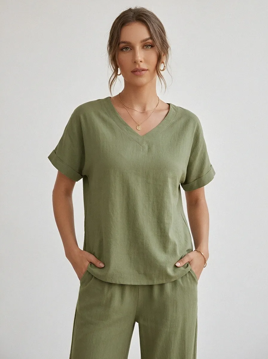 Relaxed Minimalist Women's V-Neck Casual Lounge Set