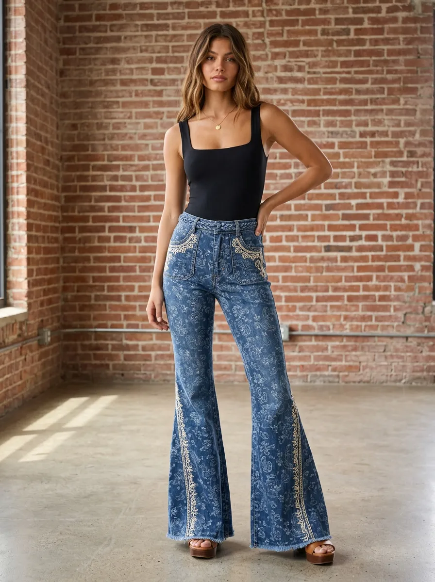 Women's Boho Style Paisley Printed Embroidered Flare Jeans