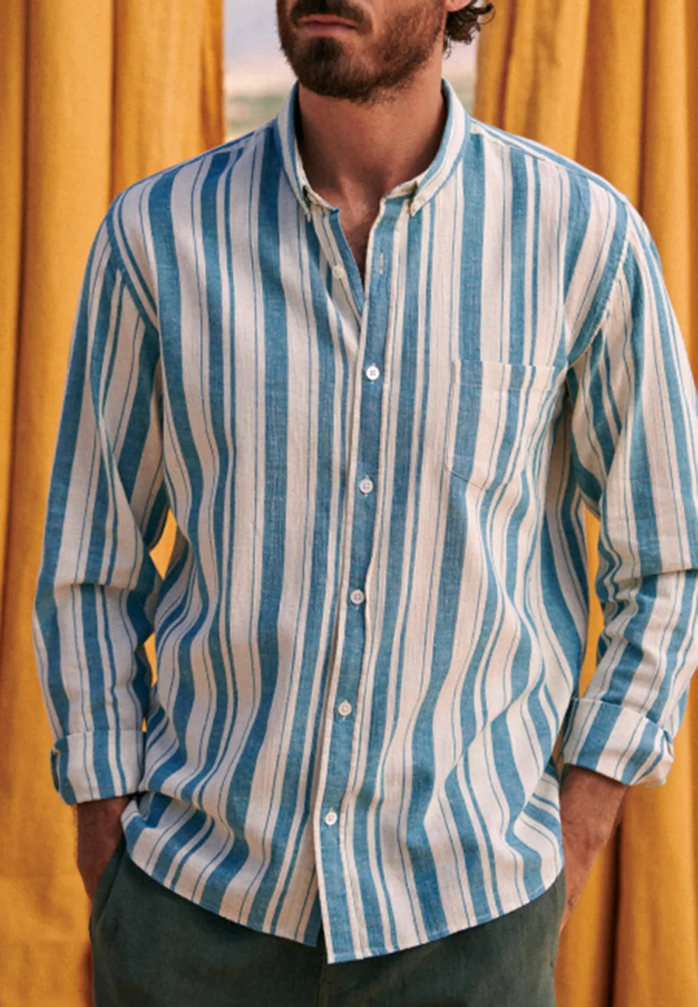 Blue Turquoise Stripe Cotton Linen Blend Shirt