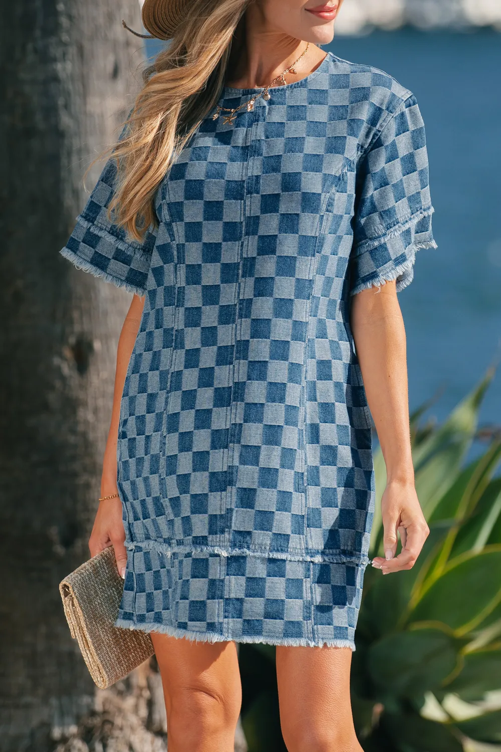 Blue Checkered Denim Mini Dress
