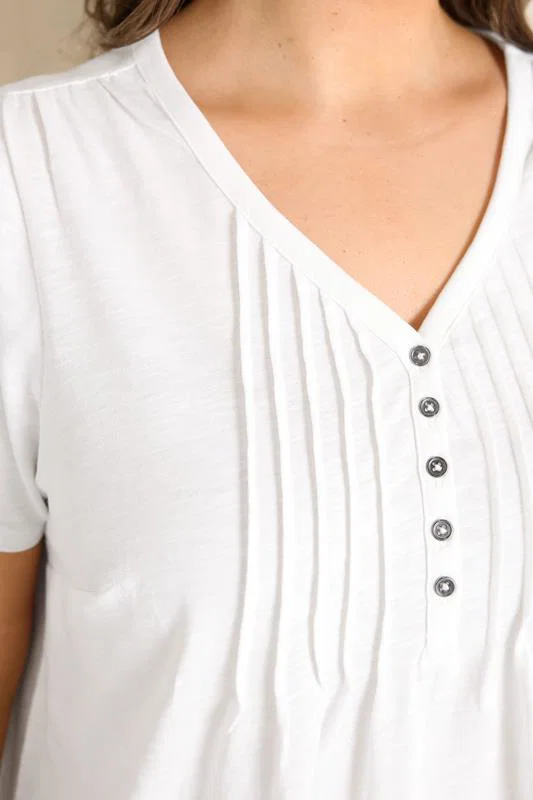 White Short Sleeve Cotton Henley Top detail 1