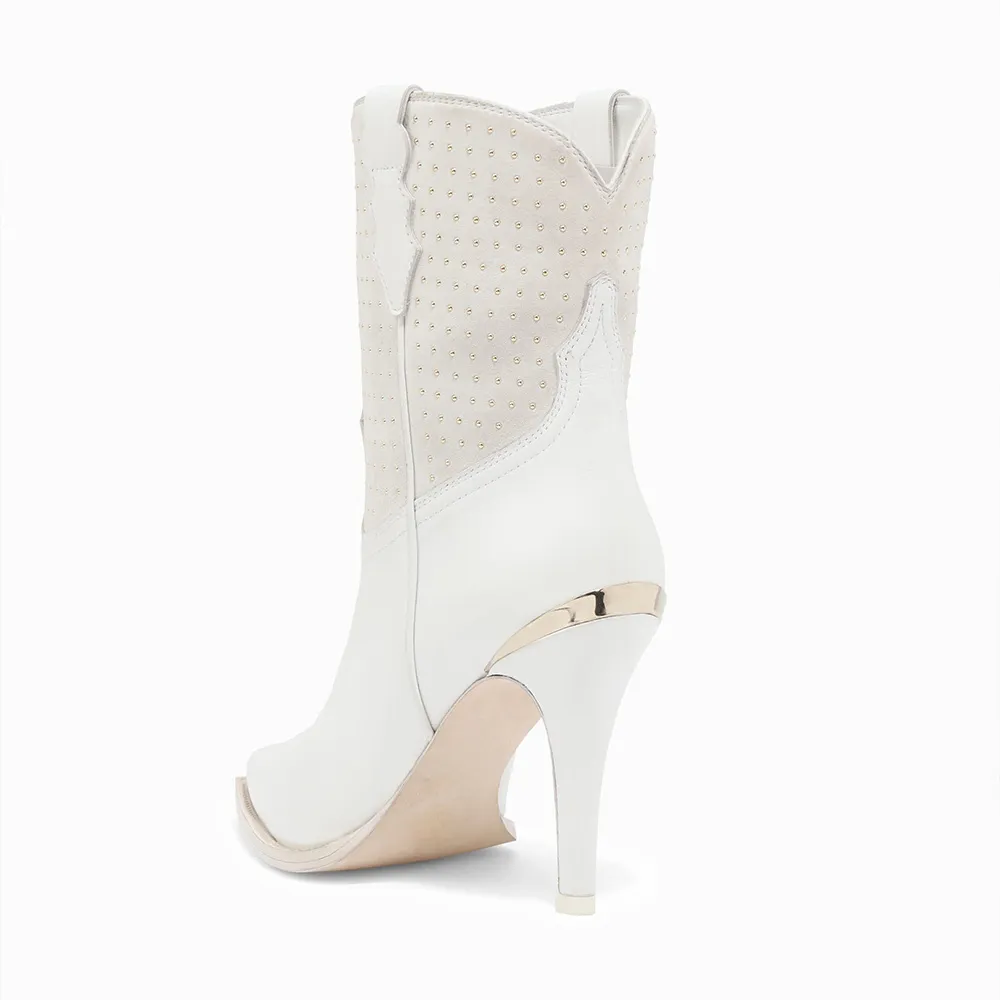 Faux-Suede Faux-Leather Studded Patchwork Western Boots