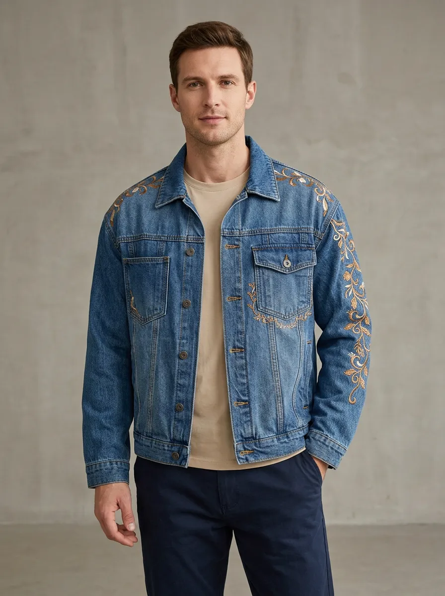 Men's Floral Pattern Focused Vintage Inspired Denim Jacket