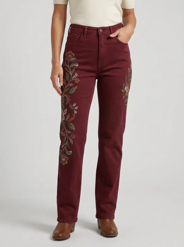 Women's Dark Wash Cactus Floral Embroidered High-Rise Straight Leg Jeans