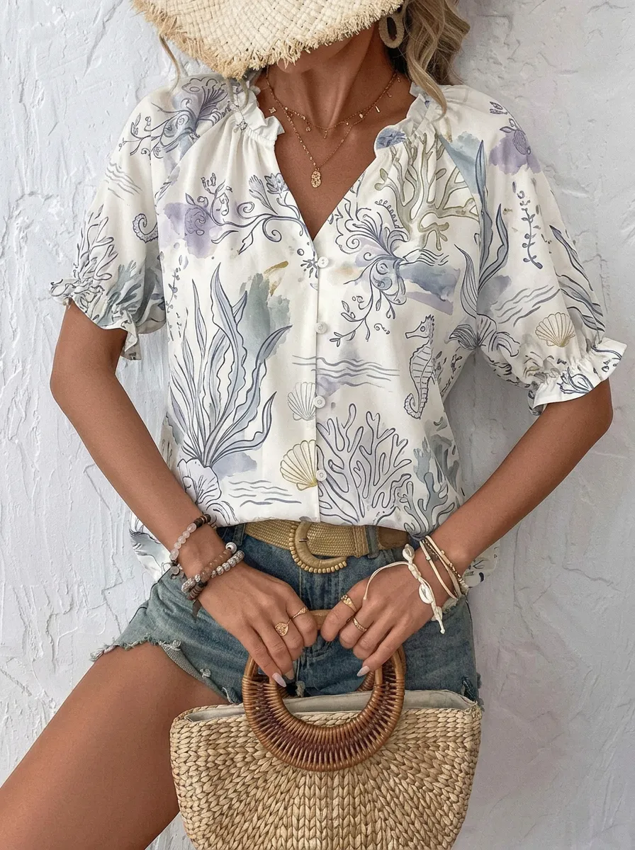 Women's Ocean Life Coral Seahorse Printed V-Neck Blouse