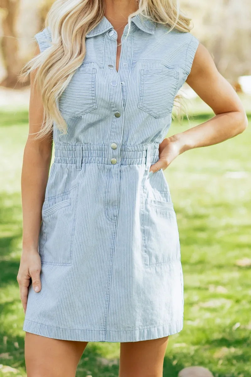 Striped Buttoned Denim Mini Dress