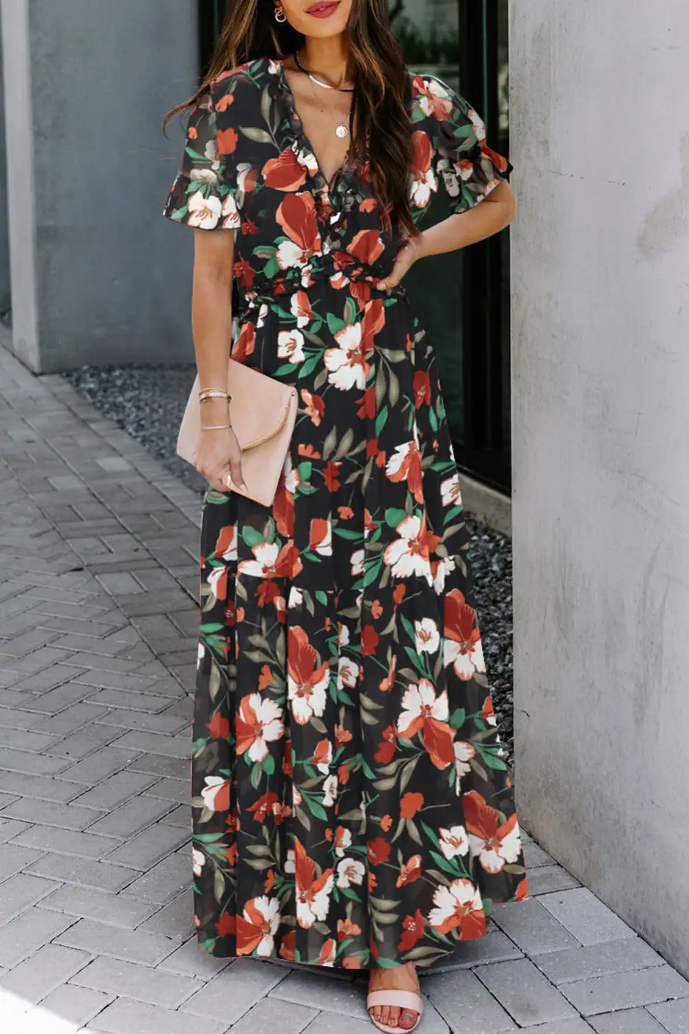 Classic Fiery Floral Print Frilled V Neck Short Sleeve Maxi Dress
