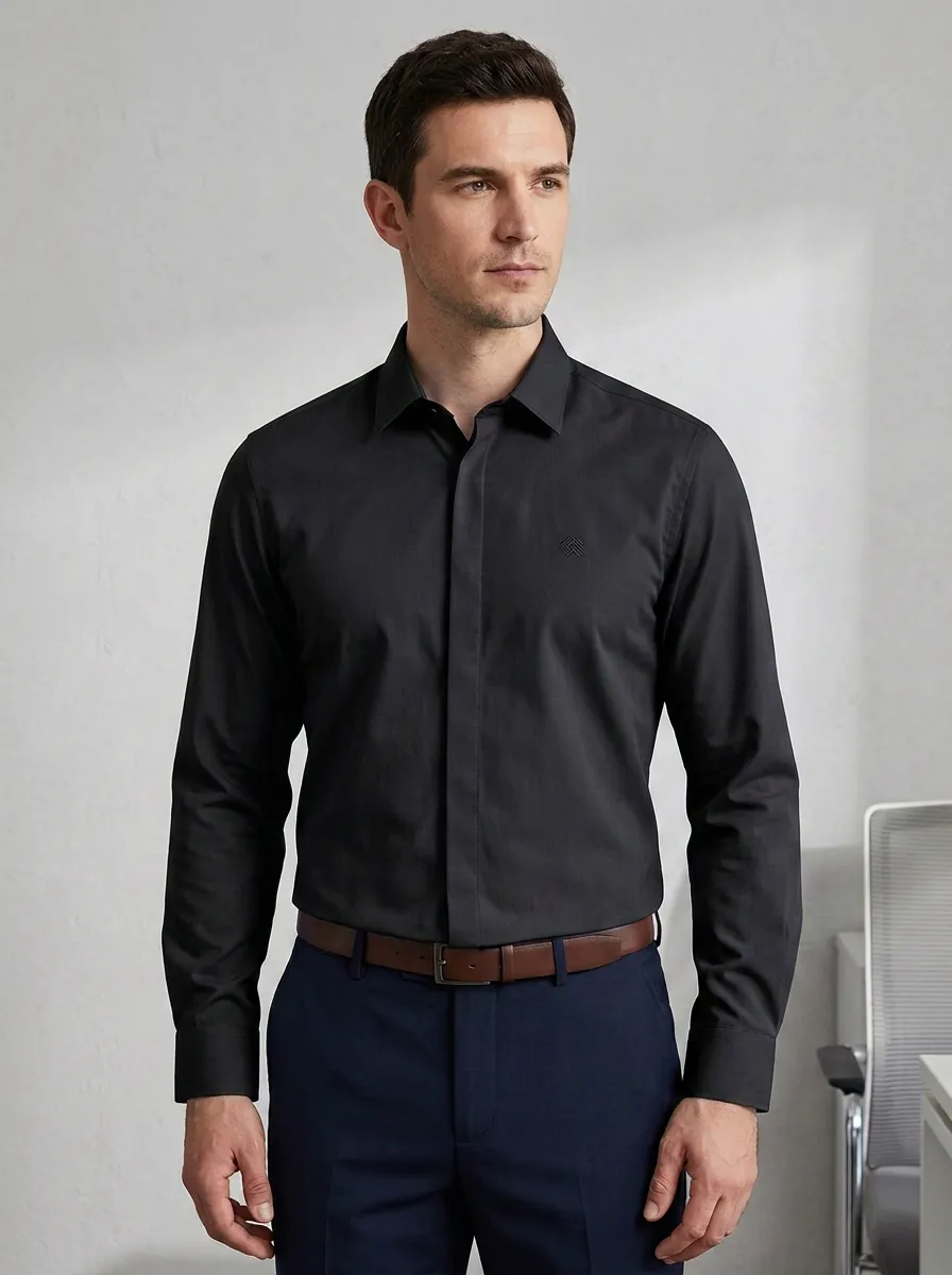 Men's Non-Iron Cotton Geometric Logo Embroidered Dress Shirt