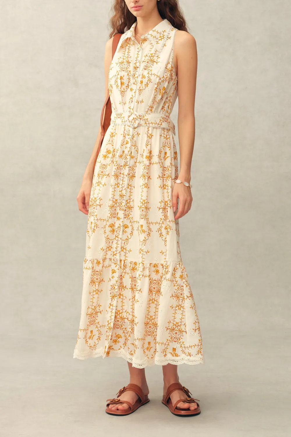 Sleeveless Belted Embroidered Floral Linen Blend Midi Dress