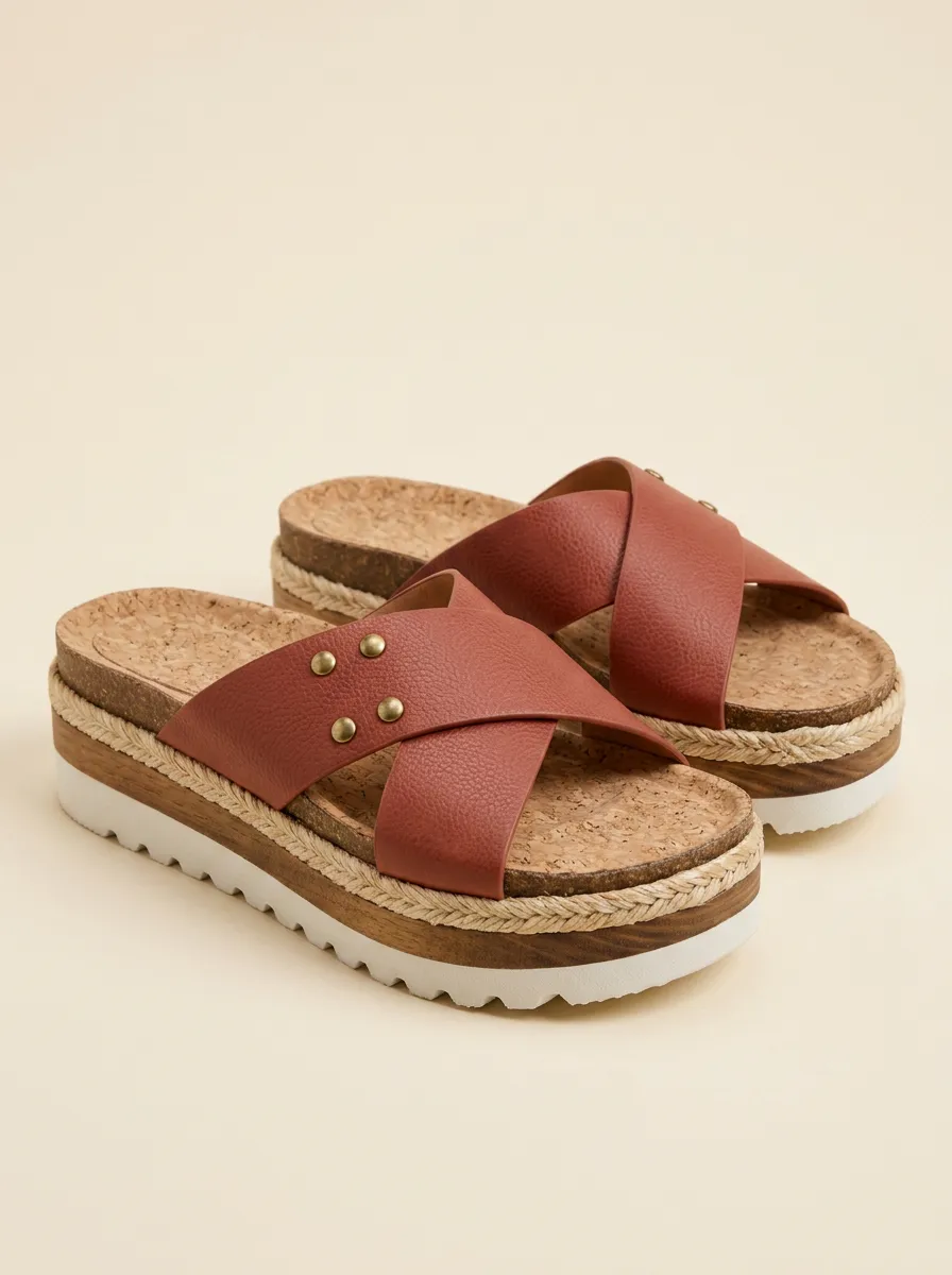 Women's Casual Summer Studded Cross Strap Cork Platform Sandals