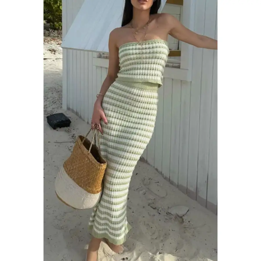 Contrast Striped Tube Top and Skirt Sweater Set