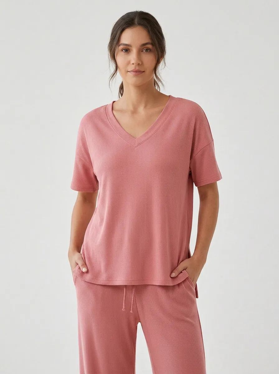 Short-Sleeve Ribbed Women's V-Neck Shirt