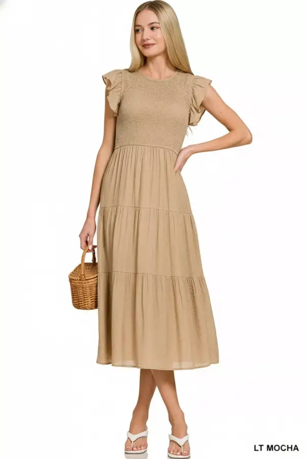Woven Ruffle Smocked Midi Dress
