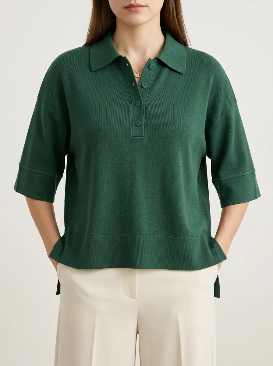 Women's Green Ribbed Knit Polo with a Subtle Texture