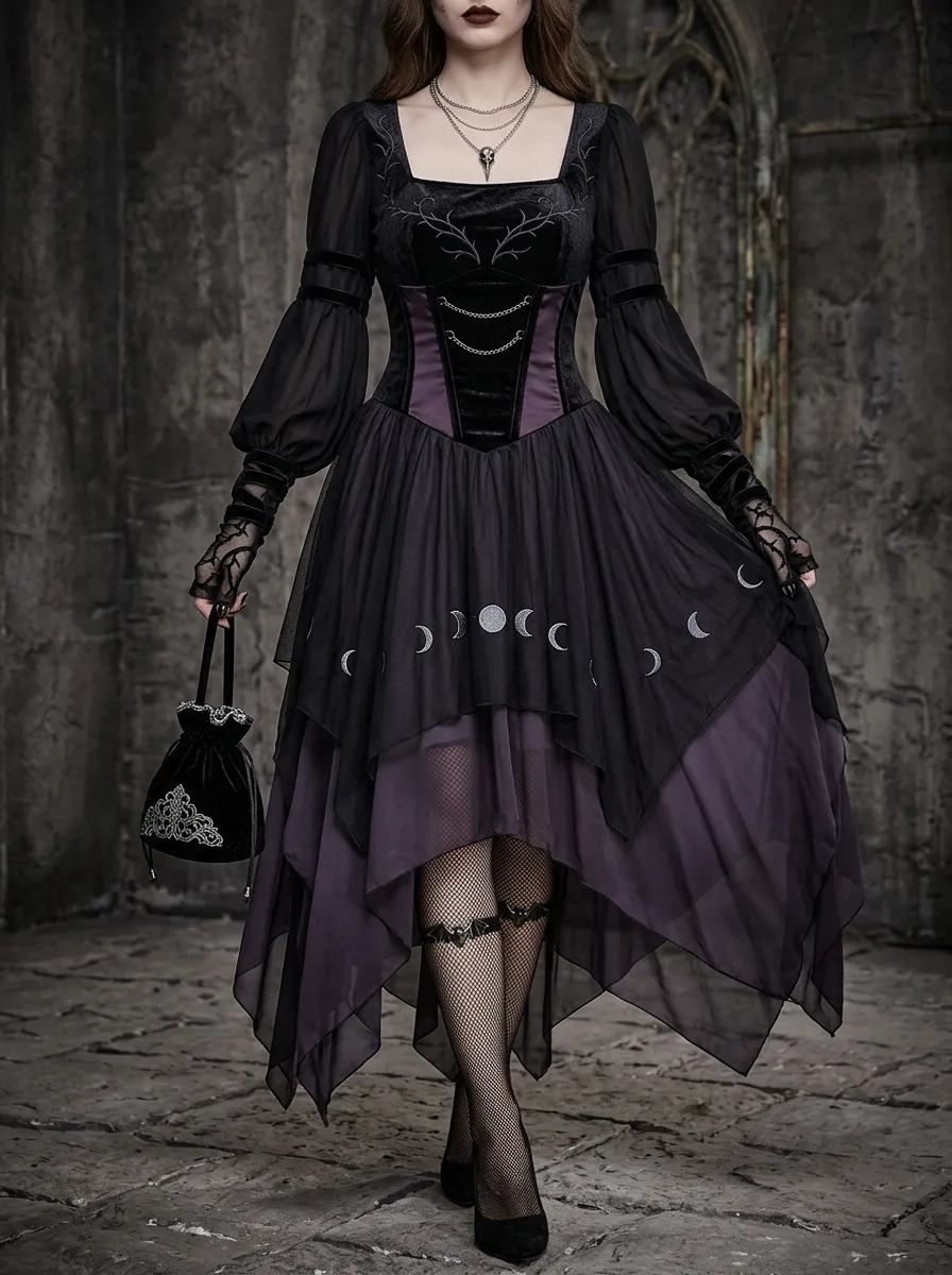Midnight Moon Phase Moon Embroidered Punk Look Women's Gothic Dress