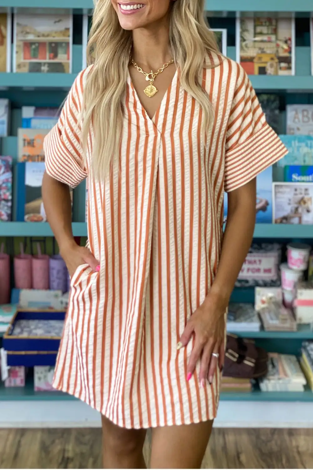 Stripe Pinched V Neck Turn-up Cuffs Shift Mini Dress