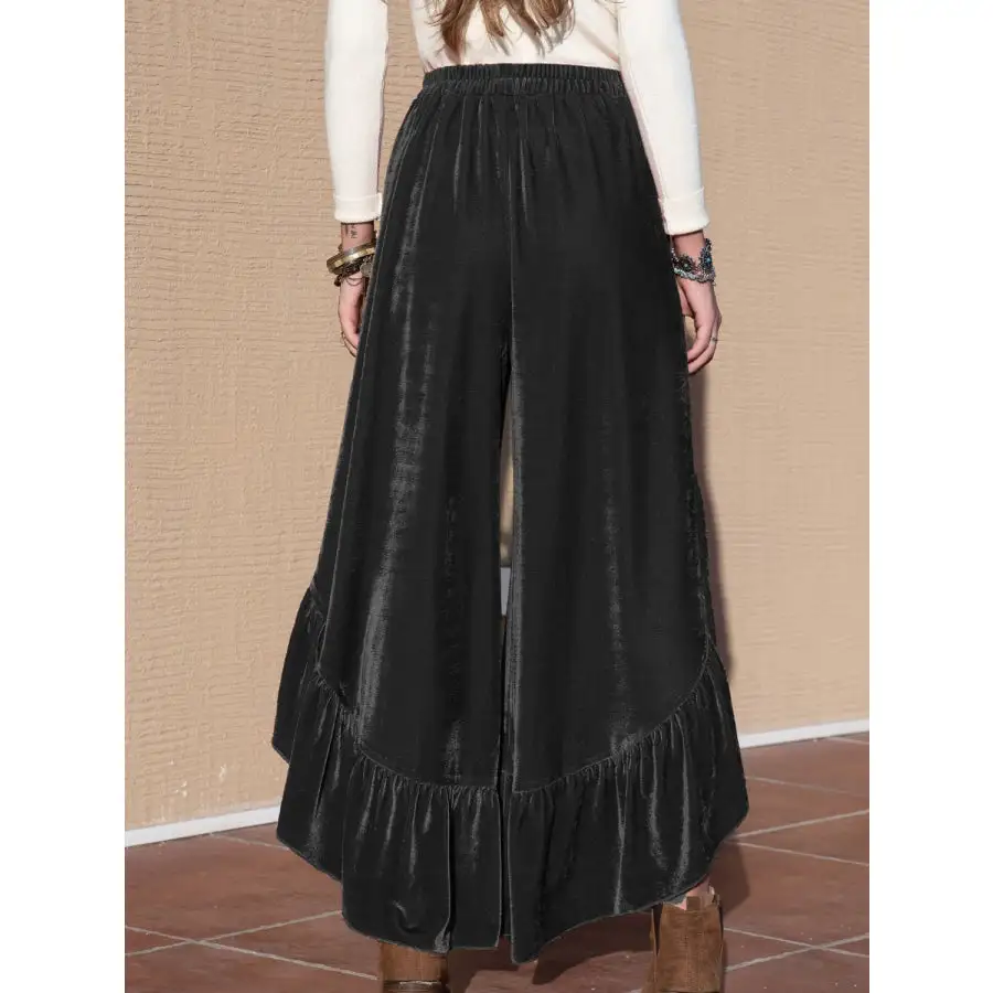 Ruffle Trim Wide Leg Slit Pants