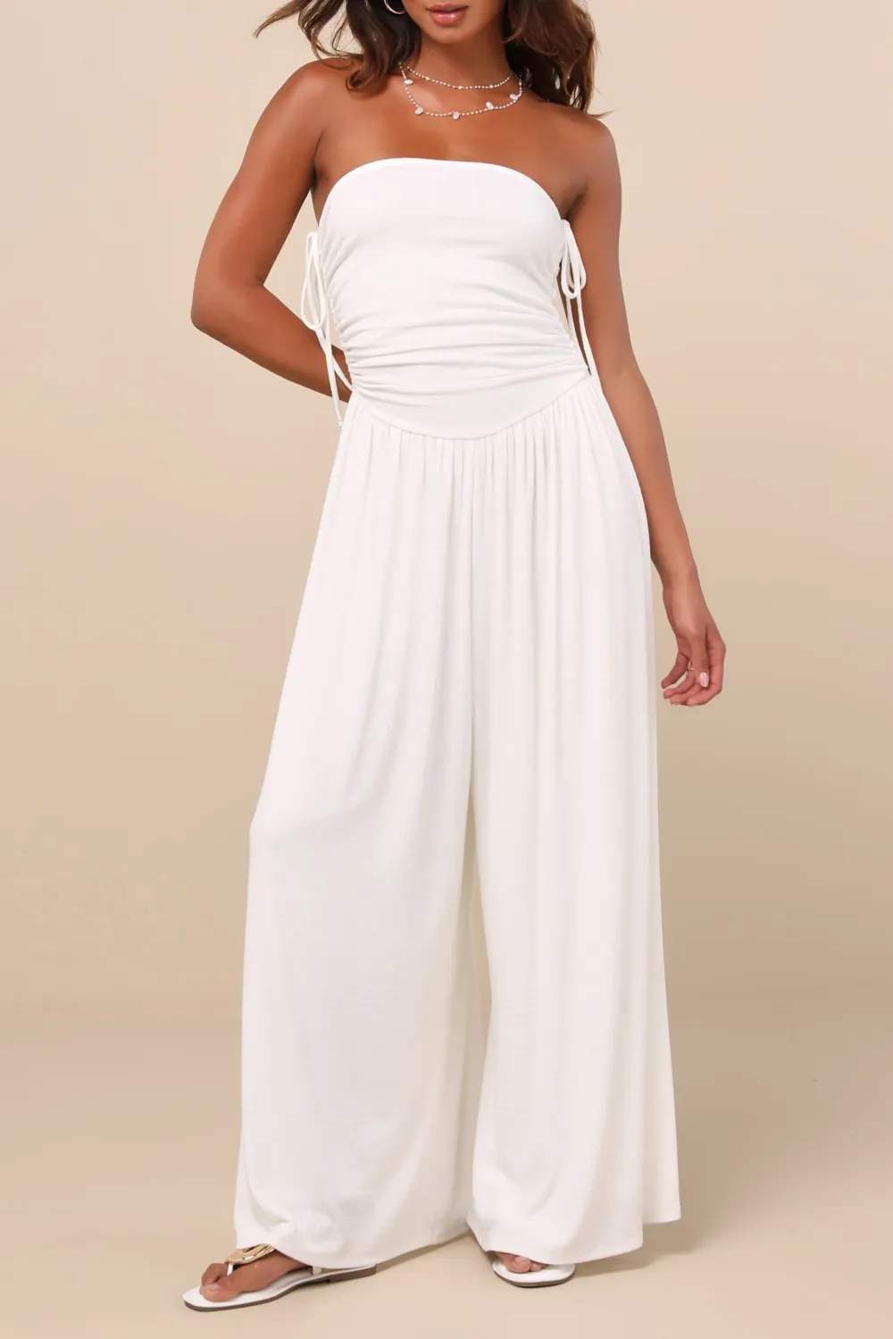 Casual Style Pointelle Strapless Wide-Leg Jumpsuit