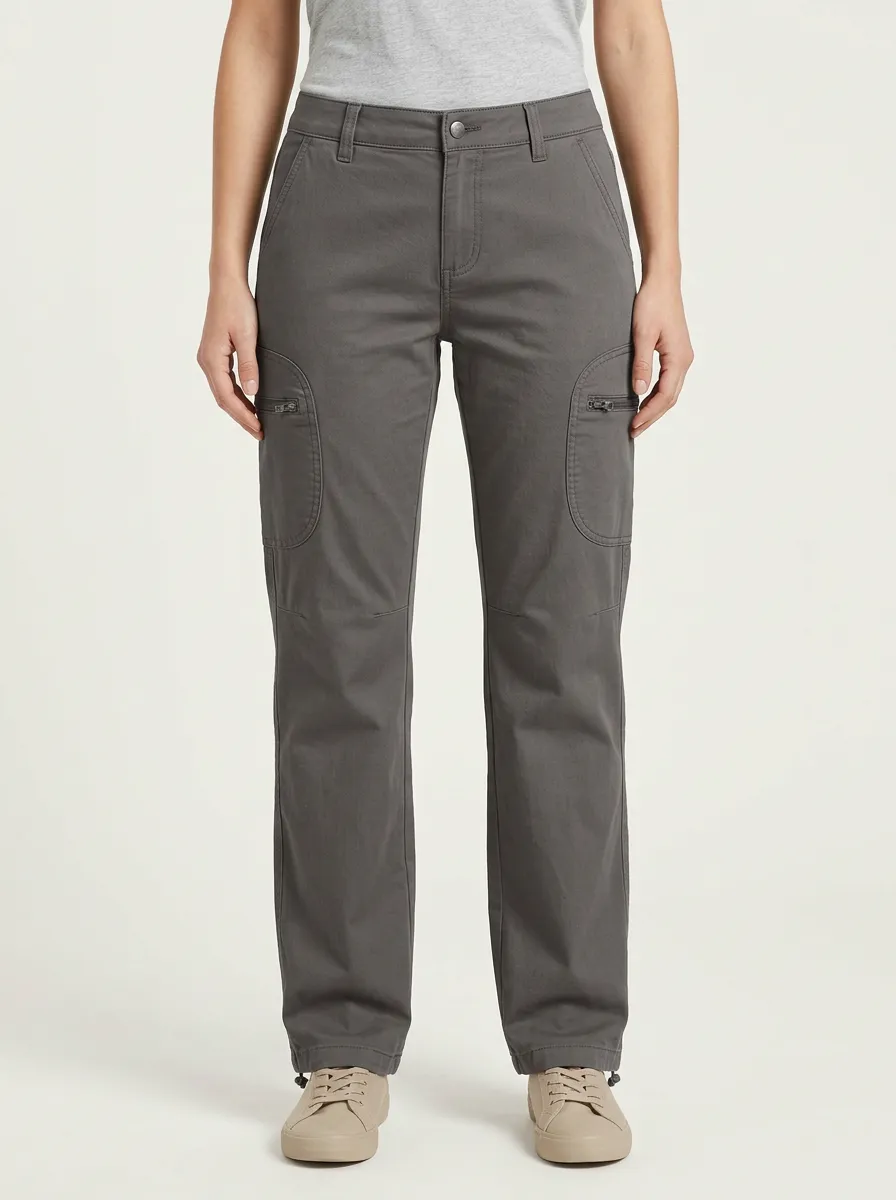 Women's Mid-Rise Button-Flap Pocket Zip-Pocket Straight-Leg Cargo Pants