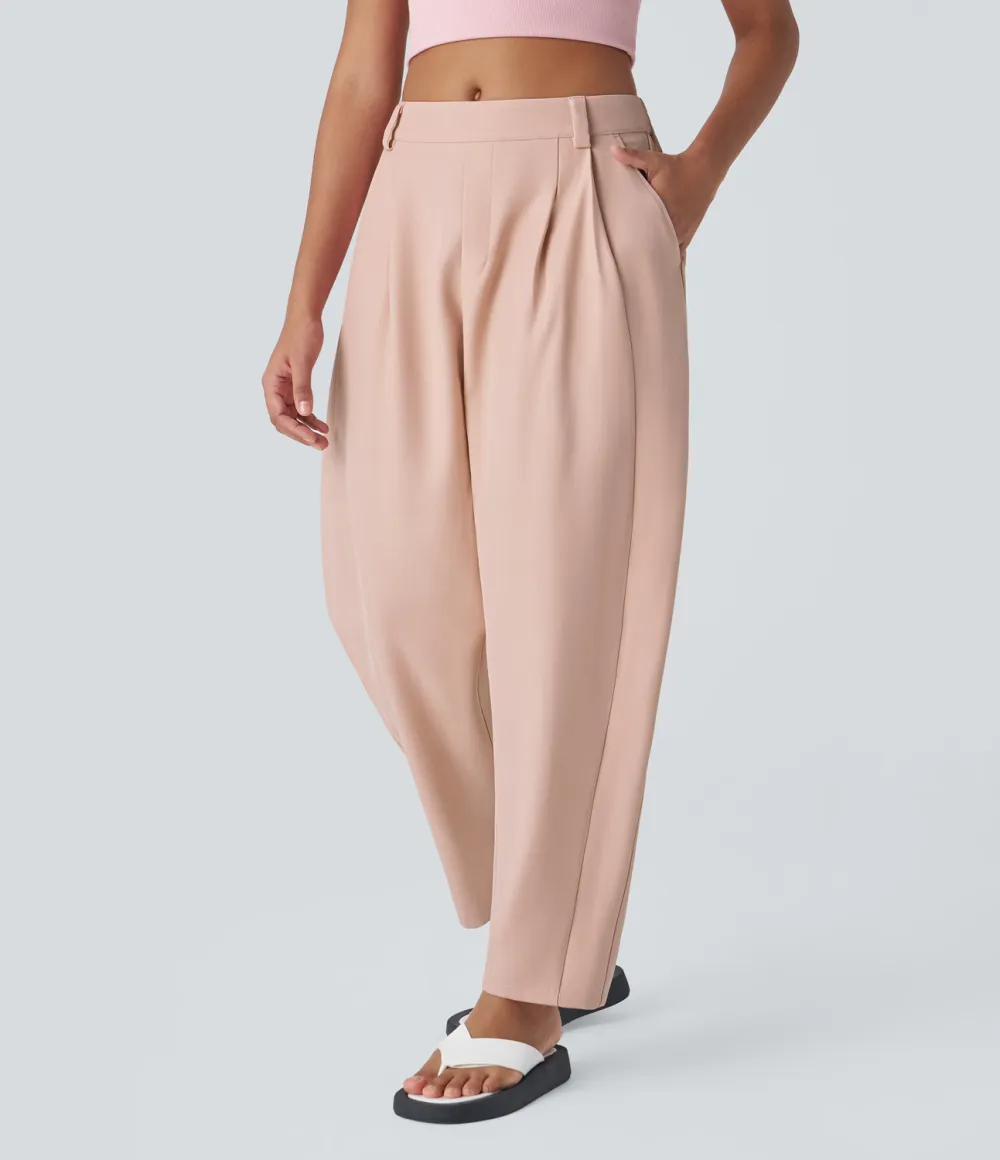 Mid Rise Plicated Side Pocket Barrel Leg Work Pants