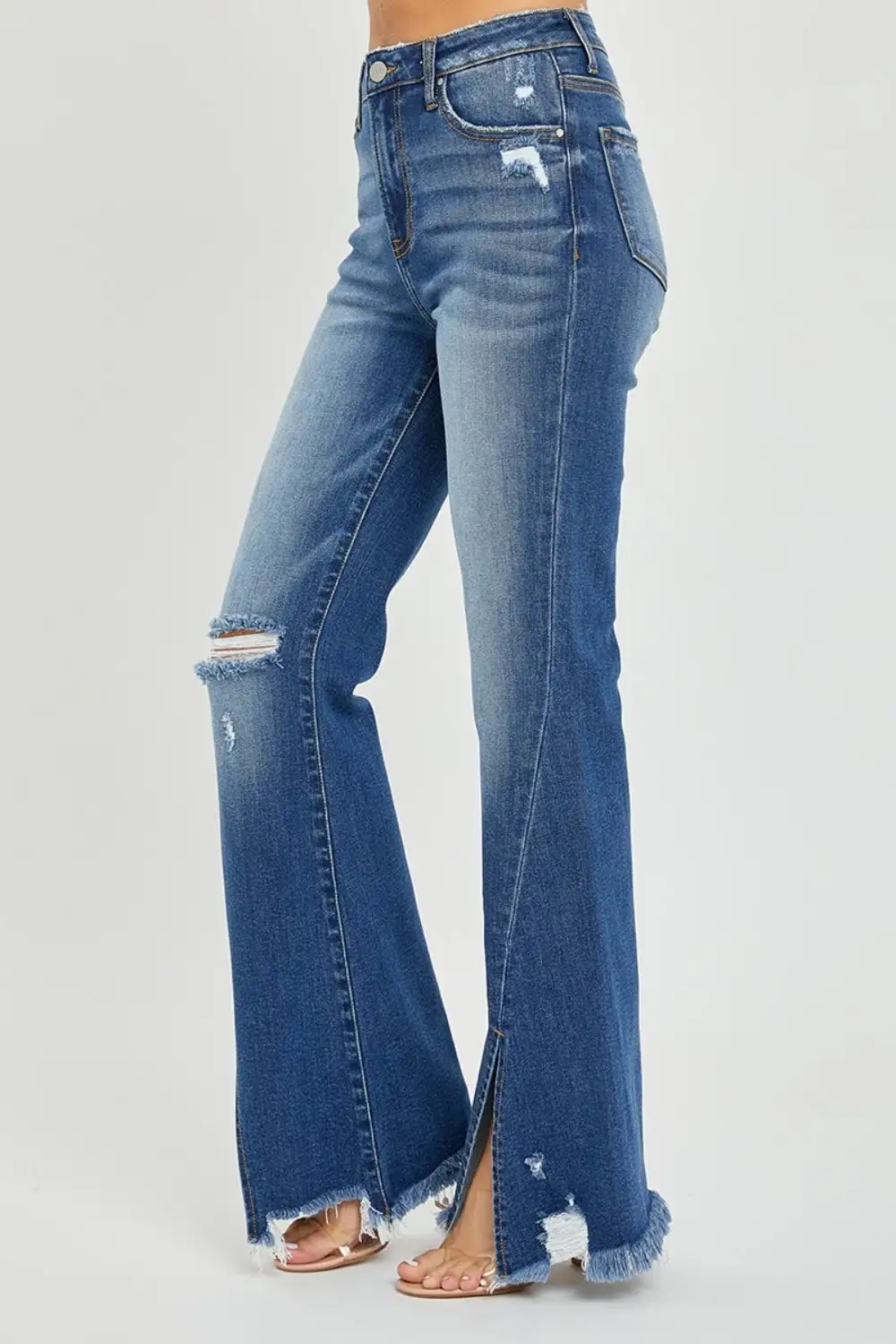 High Waist Flare Leg Frayed Denim Jeans