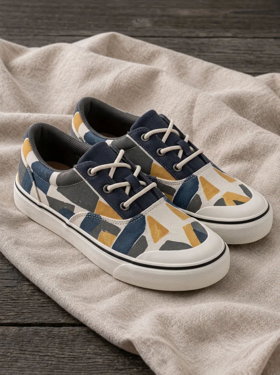 Men's Geometric Pattern Mustard Blue Grey Printed Canvas Shoes