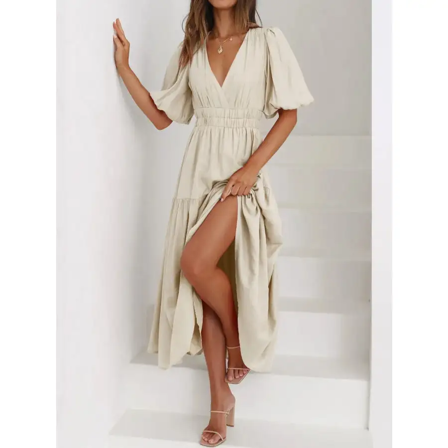 Neck V-Neck Puff Sleeve Midi Dress