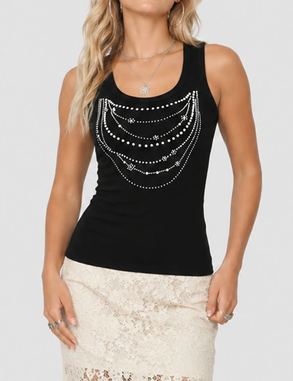 Chic Rhinestone Chain Detail Racerback Tank Top