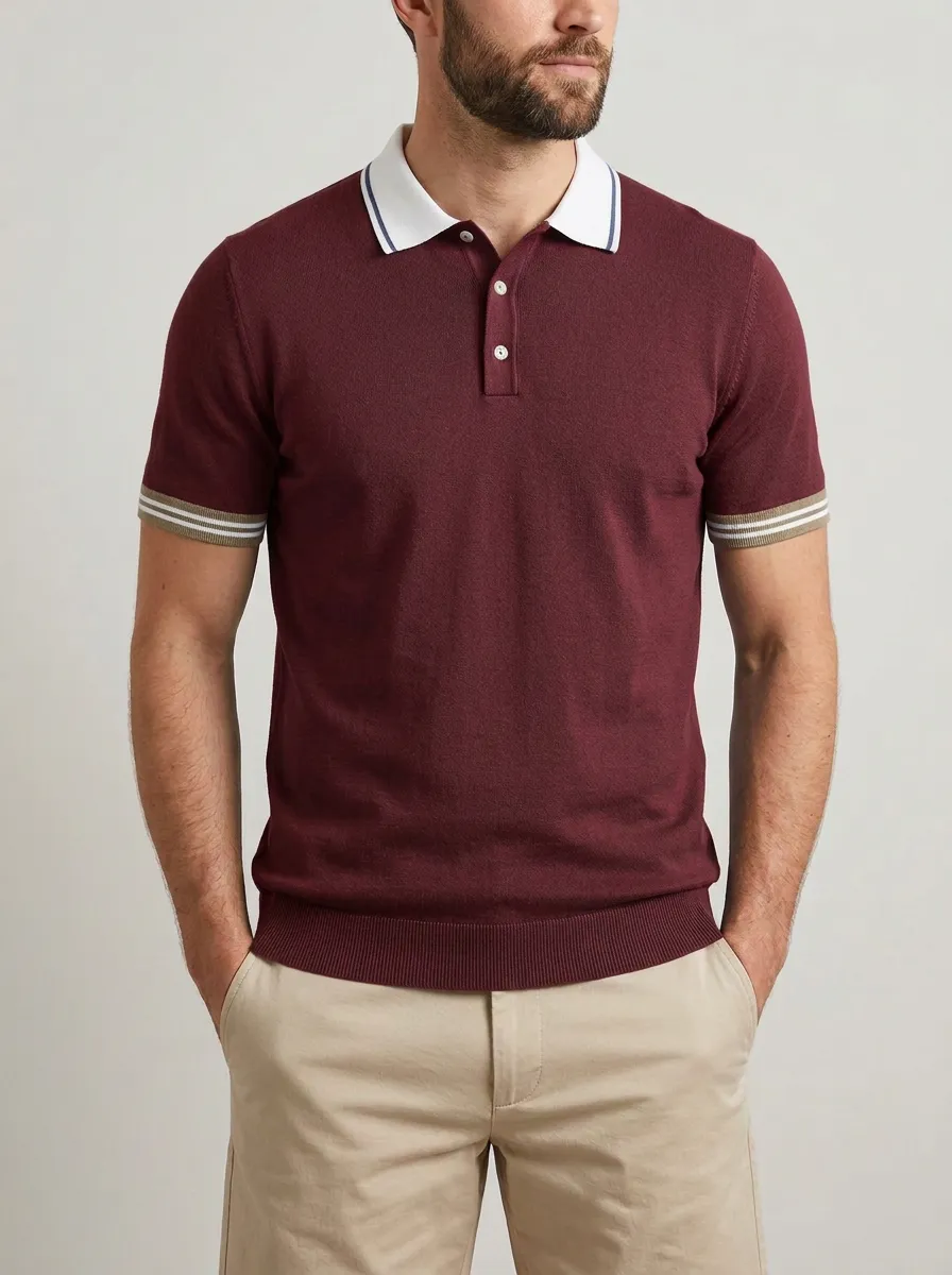 Men's Casual Blue Contrast Collar Striped Cuff Polo Shirt
