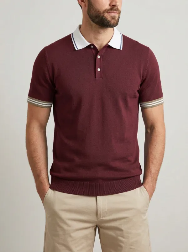 Men's Casual Blue Contrast Collar Striped Cuff Polo Shirt