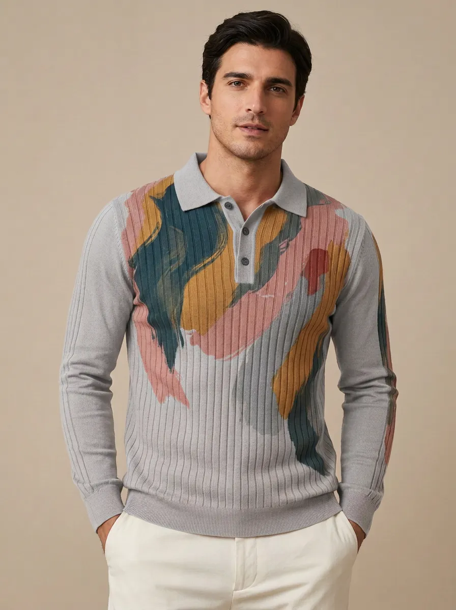 Men's Abstract Brushstroke Pattern Printed Long Sleeve Polo Shirt Everyday Design