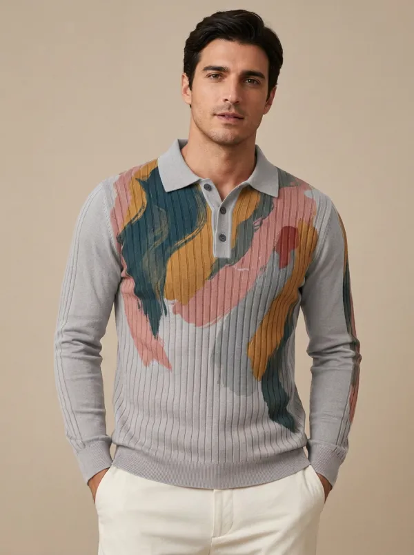 Men's Abstract Brushstroke Pattern Printed Long Sleeve Polo Shirt Everyday Design