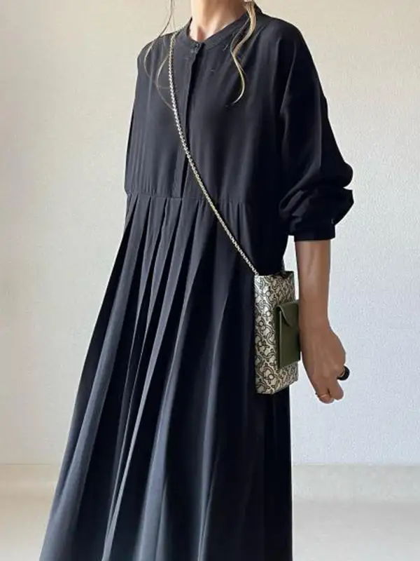 Pleated Long Neck Shirt Maxi Dress