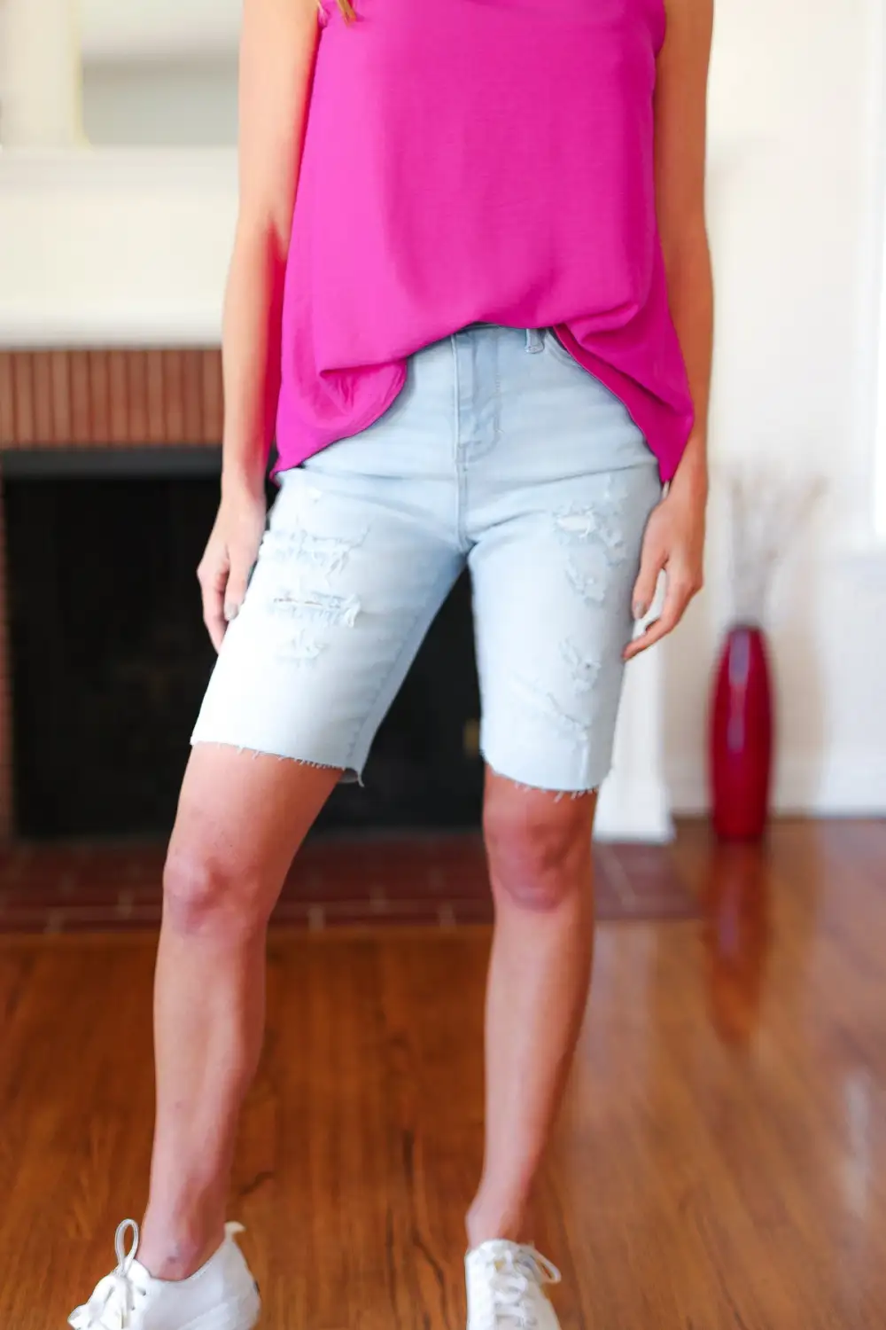 Light Wash Distressed Cut Off Shorts