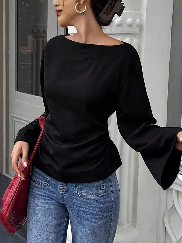 Elastic Waist Flared Sleeve Panel Detail Tie Waist Round Neck T-Shirt