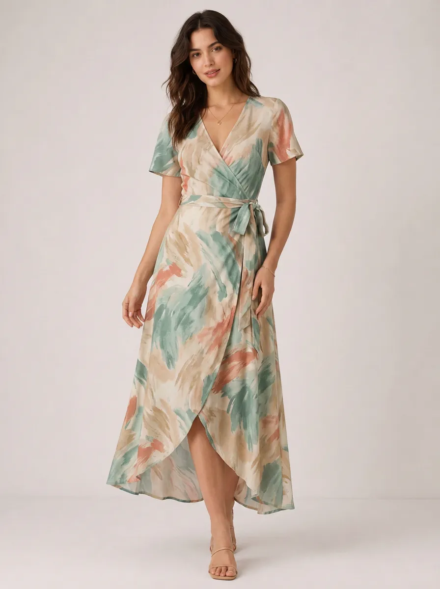 Women's Boho Style Abstract Brushstroke Printed Wrap Dress