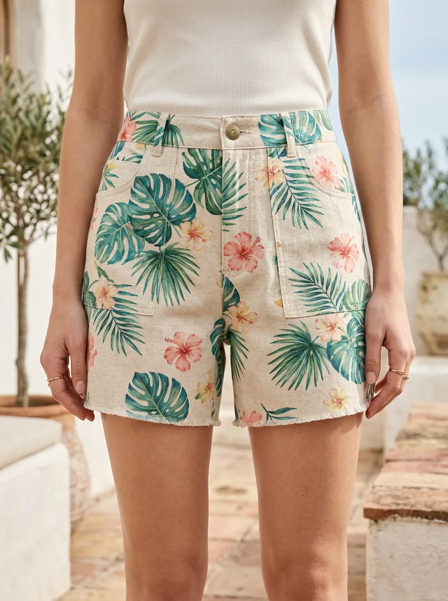 Women's Tropical Summer Hibiscus Palm Leaf Belt Loop Printed Shorts