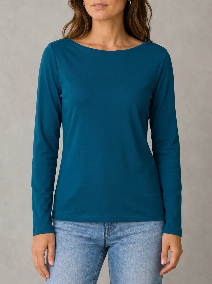 Women's Casual Teal Solid Color Long Sleeve T-shirt