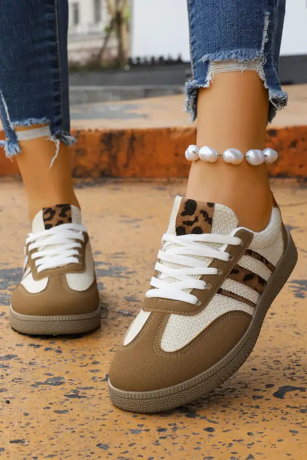 Leopard Patchwork Colorblock Lace-Up Casual Sneakers