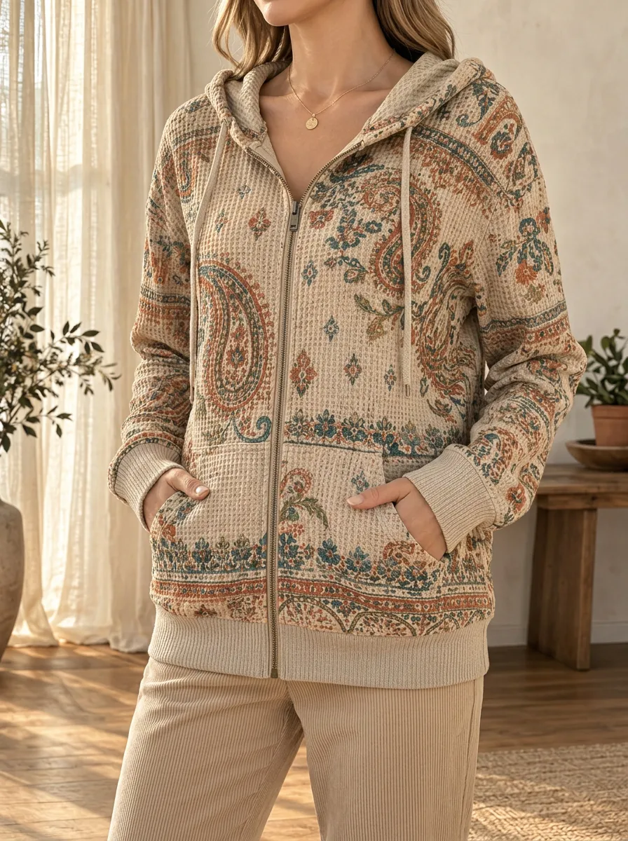 Women's Boho Paisley Pattern Signature Motif Waffle Zip-Up Hoodie