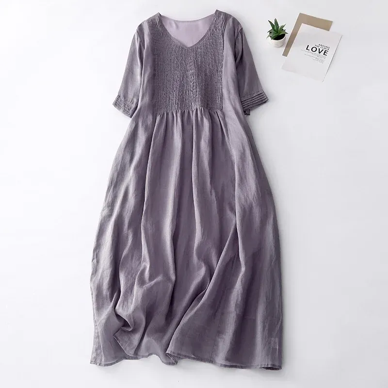 V-Neck Pleated Linen Blend Maxi Dress