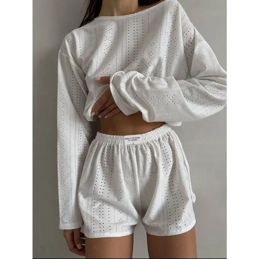 Relaxed Eyelet Round Neck Top and Shorts Set
